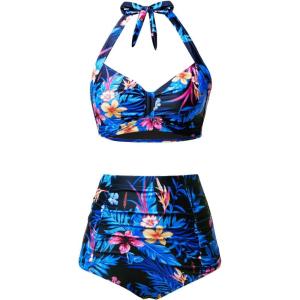 imageHolipick Women High Waisted Bikini Set Two Piece Swimsuit Tummy Control Bathing Suit Vintage Halter SwimwearBlue Florals