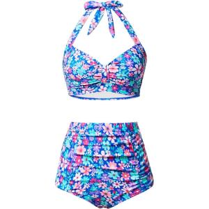 imageHolipick Women High Waisted Bikini Set Two Piece Swimsuit Tummy Control Bathing Suit Vintage Halter SwimwearBlue and Florals