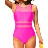 imageHolipick Women High Neck One Piece Mesh Swimsuits Full Coverage Bathing Suits Slimming SwimwearHot Pink