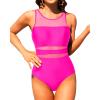 imageHolipick Women High Neck One Piece Mesh Swimsuits Full Coverage Bathing Suits Slimming SwimwearHot Pink