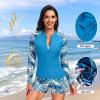 imageHolipick Long Sleeve Swimsuits for Women  3 Piece Rash Guard with Shorts Zipper SPF Swim Shirt with Built in BraLight Blue Leaves