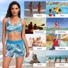 imageHolipick Long Sleeve Swimsuits for Women  3 Piece Rash Guard with Shorts Zipper SPF Swim Shirt with Built in BraLight Blue Leaves