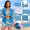 imageHolipick Long Sleeve Swimsuits for Women  3 Piece Rash Guard with Shorts Zipper SPF Swim Shirt with Built in BraLight Blue Leaves