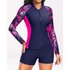 imageHolipick Long Sleeve Swimsuits for Women  3 Piece Rash Guard with Shorts Zipper SPF Swim Shirt with Built in BraPink Leaves