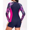 imageHolipick Long Sleeve Swimsuits for Women  3 Piece Rash Guard with Shorts Zipper SPF Swim Shirt with Built in BraPink Leaves