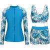 imageHolipick Long Sleeve Swimsuits for Women  3 Piece Rash Guard with Shorts Zipper SPF Swim Shirt with Built in BraLight Blue Leaves