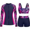 imageHolipick Long Sleeve Swimsuits for Women  3 Piece Rash Guard with Shorts Zipper SPF Swim Shirt with Built in BraPink Leaves