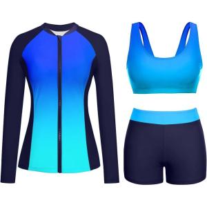 imageHolipick Long Sleeve Swimsuits for Women  3 Piece Rash Guard with Shorts Zipper SPF Swim Shirt with Built in BraBlue Gradient