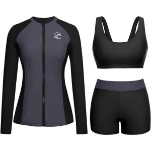 imageHolipick Long Sleeve Swimsuits for Women  3 Piece Rash Guard with Shorts Zipper SPF Swim Shirt with Built in BraGrey and Black
