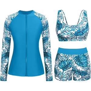 imageHolipick Long Sleeve Swimsuits for Women  3 Piece Rash Guard with Shorts Zipper SPF Swim Shirt with Built in BraLight Blue Leaves