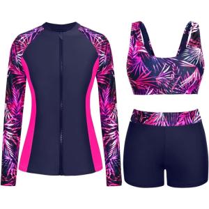 imageHolipick Long Sleeve Swimsuits for Women  3 Piece Rash Guard with Shorts Zipper SPF Swim Shirt with Built in BraPink Leaves