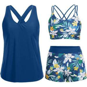 imageHolipick 3 Piece Tankini Swimsuits for Women Tummy Control Bathing Suits Swim Tank Top with Bra Boy Shorts Teen SwimwearBlue Leaves4