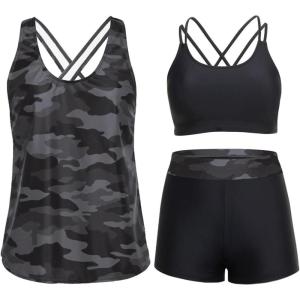 imageHolipick 3 Piece Tankini Swimsuits for Women Tummy Control Bathing Suits Swim Tank Top with Bra Boy Shorts Teen SwimwearCamo