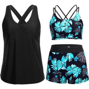 imageHolipick 3 Piece Tankini Swimsuits for Women Tummy Control Bathing Suits Swim Tank Top with Bra Boy Shorts Teen SwimwearGreen