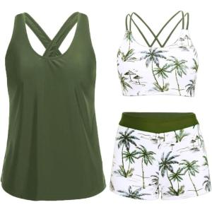 imageHolipick 3 Piece Tankini Swimsuits for Women Tummy Control Bathing Suits Swim Tank Top with Bra Boy Shorts Teen SwimwearGreen Palm Tree