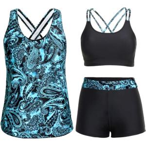 imageHolipick 3 Piece Tankini Swimsuits for Women Tummy Control Bathing Suits Swim Tank Top with Bra Boy Shorts Teen SwimwearPgy85