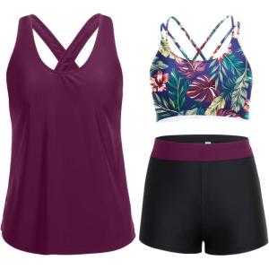 imageHolipick 3 Piece Tankini Swimsuits for Women Tummy Control Bathing Suits Swim Tank Top with Bra Boy Shorts Teen SwimwearPurple