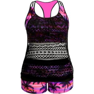 imageHolipick Plus Size Tankini Swimsuit for Women Two Piece Tummy Control Bathing Suit Blouson Racerback Tankini Top with ShortsBlack Lace Pink Palm
