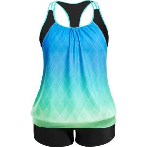 imageHolipick Plus Size Tankini Swimsuit for Women Two Piece Tummy Control Bathing Suit Blouson Racerback Tankini Top with ShortsBlue Gradient