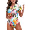 imageHolipick Womens One Piece Short Sleeve Rash Guard Surfing Modest Swimsuit Zipper Front Bathing Suit with Built in BraColorful Floral