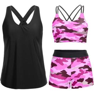 imageHolipick 3 Piece Tankini Swimsuits for Women Tummy Control Bathing Suits Swim Tank Top with Bra Boy Shorts Teen SwimwearBlack and Pink Camo