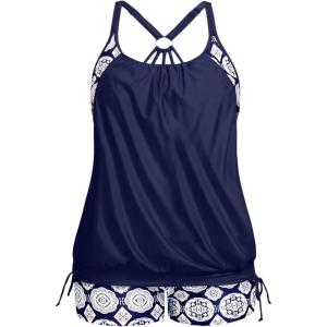 imageHolipick Plus Size Tankini Swimsuits for Women Two Piece Tummy Control Bathing Suit Blouson Tankini Top with ShortsNavy Geometric