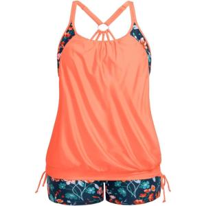 imageHolipick Plus Size Tankini Swimsuits for Women Two Piece Tummy Control Bathing Suit Blouson Tankini Top with ShortsOrange Flowers