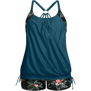 imageHolipick Plus Size Tankini Swimsuits for Women Two Piece Tummy Control Bathing Suit Blouson Tankini Top with ShortsTeal and Floral
