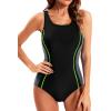 imageHolipick Women Athletic One Piece Swimsuits Racerback Sport Bathing Suits Full Coverage Modest SwimwearBlack and Grey