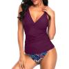 imageHolipick Tummy Control Two Piece Tankini Set Swimsuits for Women V Neck Tankini Top Bathing Suits with Swim BottomPurple Leaves