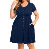 imageHolipick Womens Plus Size Summer Dresses for Women Casual Dress with Pockets ALine Swing Button Down Sleeveless V NeckNavy Blue Short Sleeve