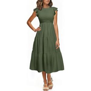 imageHolipick Casual Summer Dresses Women  Flutter Sleeves Crew Neck Smocked High Waist Tiered ALine Midi DressArmy Green