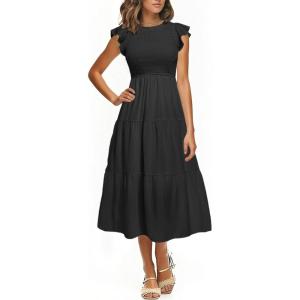 imageHolipick Casual Summer Dresses Women  Flutter Sleeves Crew Neck Smocked High Waist Tiered ALine Midi DressBlack