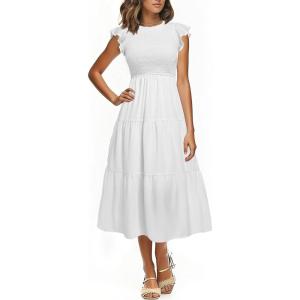 imageHolipick Casual Summer Dresses Women  Flutter Sleeves Crew Neck Smocked High Waist Tiered ALine Midi DressWhite