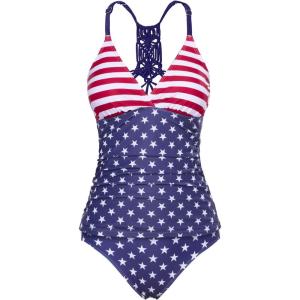 imageHolipick Tummy Control Two Piece Tankini Set Swimsuits for Women V Neck Tankini Top Bathing Suits with Swim BottomAmerican Flag