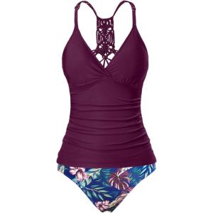 imageHolipick Tummy Control Two Piece Tankini Set Swimsuits for Women V Neck Tankini Top Bathing Suits with Swim BottomPurple Leaves