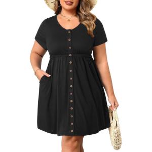 imageHolipick Womens Plus Size Summer Dresses for Women Casual Dress with Pockets ALine Swing Button Down Sleeveless V NeckPure Black Short Sleeve