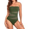 imageHolipick Women Strapless Bandeau One Piece Swimsuits Sexy Mesh Cutout Bathing Suits Tummy Control SwimwearArmy Green