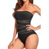 imageHolipick Women Strapless Bandeau One Piece Swimsuits Sexy Mesh Cutout Bathing Suits Tummy Control SwimwearBlack With Gold