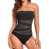 imageHolipick Women Strapless Bandeau One Piece Swimsuits Sexy Mesh Cutout Bathing Suits Tummy Control SwimwearBlack With Gold