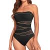 imageHolipick Women Strapless Bandeau One Piece Swimsuits Sexy Mesh Cutout Bathing Suits Tummy Control SwimwearBlack With Gold