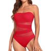 imageHolipick Women Strapless Bandeau One Piece Swimsuits Sexy Mesh Cutout Bathing Suits Tummy Control SwimwearNew Red