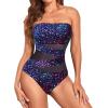 imageHolipick Women Strapless Bandeau One Piece Swimsuits Sexy Mesh Cutout Bathing Suits Tummy Control SwimwearStarry Sky