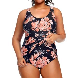 imageHolipick Plus Size Sarong One Piece Swimsuit for Women Tummy Control Bathing Suit Ruched Backless SwimwearBlack Orange Floral
