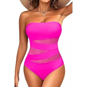 imageHolipick Women Strapless Bandeau One Piece Swimsuits Sexy Mesh Cutout Bathing Suits Tummy Control SwimwearHot Pink 1