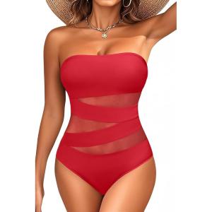 imageHolipick Women Strapless Bandeau One Piece Swimsuits Sexy Mesh Cutout Bathing Suits Tummy Control SwimwearNew Red