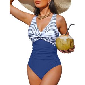 imageHolipick Women Tummy Control One Piece Swimsuit  Push Up Bathing Suit Full Coverage Slimming SwimwearBlue Striped