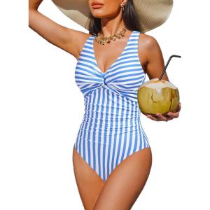 imageHolipick Women Tummy Control One Piece Swimsuit  Push Up Bathing Suit Full Coverage Slimming SwimwearLight Blue Striped