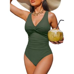 imageHolipick Women Tummy Control One Piece Swimsuit  Push Up Bathing Suit Full Coverage Slimming SwimwearSolid Army Green