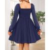 imageHolipick Womens Casual Square Neck Smocked Dress Shirred Ruffle Puff Sleeve High Waist Cute Flowy ALine Short DressNavy